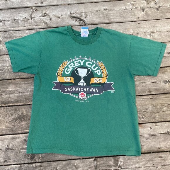 Vintage 1995 Woody Sports CFL Saskatchewan Grey Cup T Shirt Large Green - Picture 2 of 5